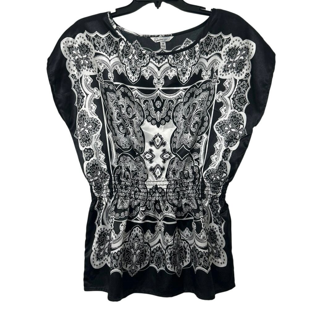 Y2K Whimsigoth Paisley Scarf Print Peplum Satin Top M Dolman Sleeve relaxed